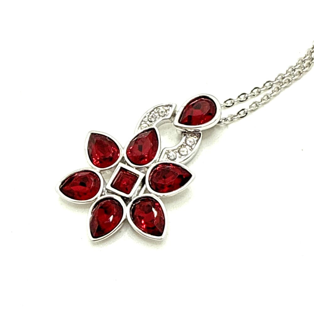 NWOT Swarovski Crystals Pear Red Siam Pendant Necklace w/ Clear Accents NEW 18" - Picture 1 of 13